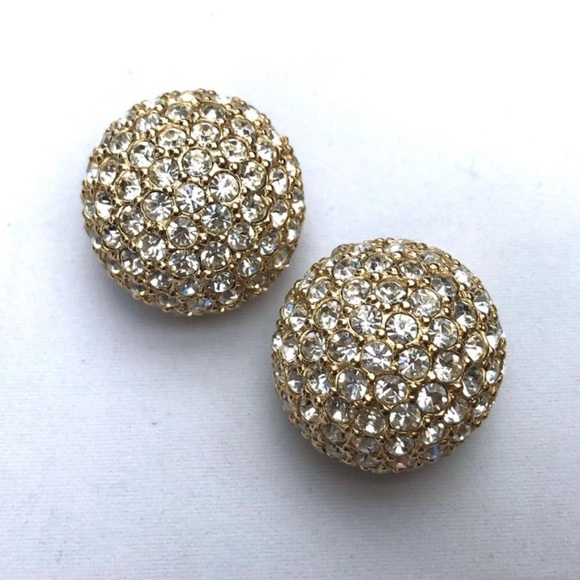CHRISTIAN DIOR Vintage Rhinestone Encrusted Dome Clip Earrings - Picture 1 of 8